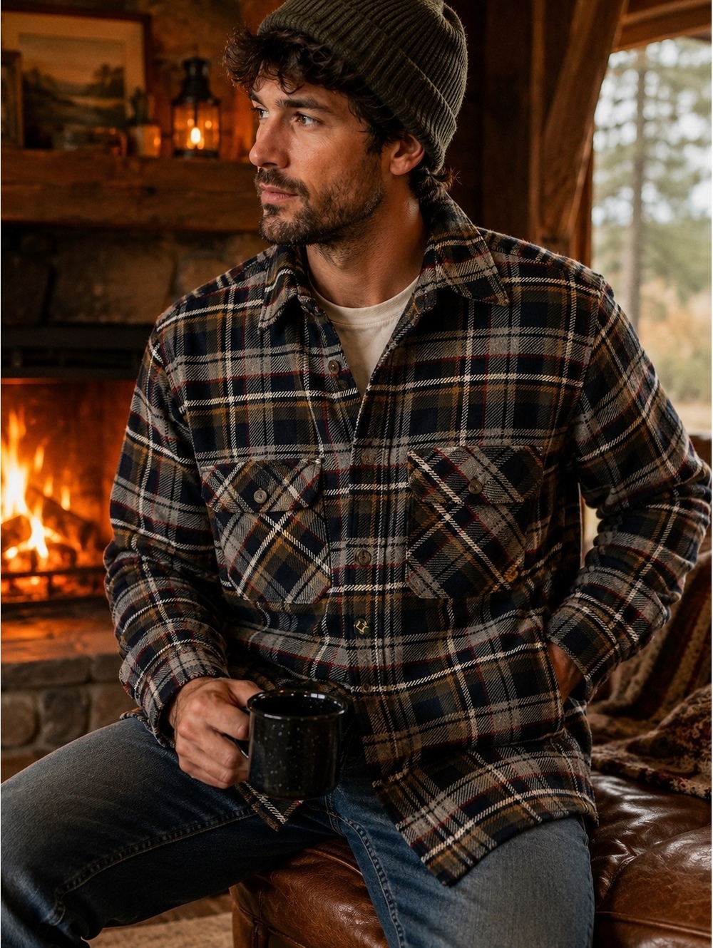 Outdoor Life Men's Large Navy Multi Plaid Cotton Flannel Shirt